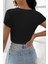 Kadın Siyah Yarım Kol Düz Yaka Crop Top Bluz 1