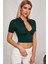 Kadın Yeşil Yarım Fermuarlı ve Kısa Kollu Crop Top Bluz 2