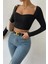 Kadın Siyah Uzun Kol Göğüs Dekolteli Şık Crop Top Bluz 2