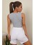 Kadın Gri Kare Yaka Crop Top Bluz 1