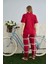 Büyük Beden Milan Kumaş Önü Düğmeli Kırmızı Kadın Pijama TAKIMI-7560 2