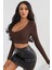 Kadın Kahverengi Uzun Kol Kare Yaka Crop Top Bluz 4