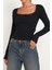 Kadın Siyah Kare Yaka Dantelli Uzun Kollu Crop Top Bluz 5