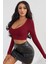 Kadın Bordo Uzun Kol Kare Yaka Crop Top Bluz 3