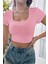 Kadın Pembe Yarım Kol Düz Yaka Crop Top Bluz 3