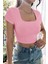 Kadın Pembe Yarım Kol Düz Yaka Crop Top Bluz 4