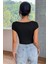 Kadın Siyah Kare Yaka Yarım Kol Göğüs Dekolteli Crop Top Bluz 2