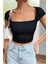 Kadın Siyah Kare Yaka Yarım Kol Göğüs Dekolteli Crop Top Bluz 3