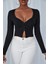 Kadın Siyah Uzun Kollu Düğmeli Göğüs ve Göbek Dekolteli Crop Top Bluz 1