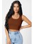 Kadın Kahverengi Kare Yaka Crop Top Bluz 4