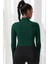 Kadın Yeşil Uzun Kol Fermuarlı Parmak Geçme Detaylı Dik Yaka Crop Top Bluz 2