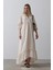 Çizgili Oversize V Yaka Elbise - Bej 2