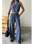 Tencel Crop Kolsuz Gömlek - Pantolon Takım - Indigo 3