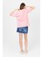 Pembe Göğüs Yazı Baskılı Pamuklu Oversize Tişört 2150-31M 5