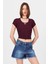 Bordo Dantel Yaka Fiyonk Detaylı Crop Tişört 2207 1