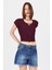 Bordo Dantel Yaka Fiyonk Detaylı Crop Tişört 2207 2