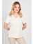 Kadın V Yaka Taş Süslemeli Kısa Kol Bluz 24E022 Ekru 1