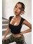 Kadın Siyah Kare Yaka Kalınlaşan Omuz Detaylı Crop Top Bluz 5