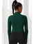 Kadın Yeşil Uzun Kol Fermuarlı Parmak Geçme Detaylı Dik Yaka Crop Top Bluz 2