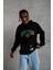 Erkek Baskılı Kapüşonlu Sweatshirt - Siyah 3