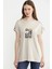 Omuz Detaylı Baskılı Penye Tişört - Taş 2