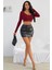 Kadın Bordo Uzun Kol Kare Yaka Crop Top Bluz 4