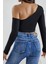 Kadın Siyah Tek Omuz Detaylı Uzun Kol Crop Top Bluz 2