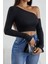 Kadın Siyah Tek Omuz Detaylı Uzun Kol Crop Top Bluz 4