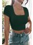 Kadın Yeşil Yarım Kol Düz Yaka Crop Top Bluz 4