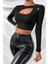 Kadın Siyah Göğüs Dekolteli Çapraz Askılı Uzun Kollu Crop Top Bluz 5