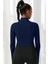 Kadın Lacivert Uzun Kol Fermuarlı Parmak Geçme Detaylı Dik Yaka Crop Top Bluz 2