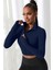 Kadın Lacivert Uzun Kol Fermuarlı Parmak Geçme Detaylı Dik Yaka Crop Top Bluz 5