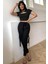 Kadın Siyah Göğüs Dekolteli Yarım Kollu Cut Out Crop Top Bluz 4