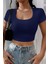 Kadın Lacivert Yarım Kol Düz Yaka Crop Top Bluz 5