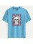 Unisex Bisiklet Yaka %100 Organik Pamuklu Kalın Dokulu Skull Baskılı Oversize T-Shirt - Mavi 1