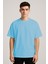 Unisex Bisiklet Yaka %100 Organik Pamuklu Kalın Dokulu Düz Oversize T-Shirt - Mavi 5