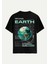 Unisex Bisiklet Yaka %100 Organik Pamuklu Kalın Dokulu Earth Baskılı Oversize T-Shirt - Siyah 1