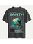 Unisex Bisiklet Yaka %100 Organik Pamuklu Kalın Dokulu Earth Baskılı Oversize T-Shirt - Füme 1