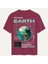 Unisex Bisiklet Yaka %100 Organik Pamuklu Kalın Dokulu Earth Baskılı Oversize T-Shirt - Bordo 1