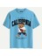 Unisex Bisiklet Yaka %100 Organik Pamuklu Kalın Dokulu California Baskılı Oversize T-Shirt - Mavi 1