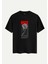 Unisex Bisiklet Yaka %100 Organik Pamuklu Kalın Dokulu Rose Baskılı Oversize T-Shirt - Siyah 1