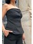 Siyah Straplez Düğmeli Crop ve Pantolon Takım 3