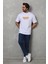 Unisex Bisiklet Yaka Baskılı Oversize T-Shirt - Beyaz 4