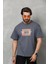 Unisex Bisiklet Yaka Baskılı Oversize T-Shirt - Füme 1