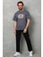 Unisex Bisiklet Yaka Baskılı Oversize T-Shirt - Füme 3