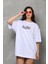 Unisex Bisiklet Yaka Baskılı Oversize T-Shirt - Beyaz 1