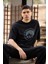 Unisex Bisiklet Yaka Baskılı Oversize T-Shirt - Siyah 3