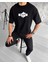 Unisex Bisiklet Yaka Baskılı Double Oversize T-Shirt - Siyah 1