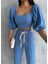 Keten Crop Karpuz Kol Bluz-Pantolon Hasır Kemerli - Mavi 2