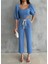 Keten Crop Karpuz Kol Bluz-Pantolon Hasır Kemerli - Mavi 3